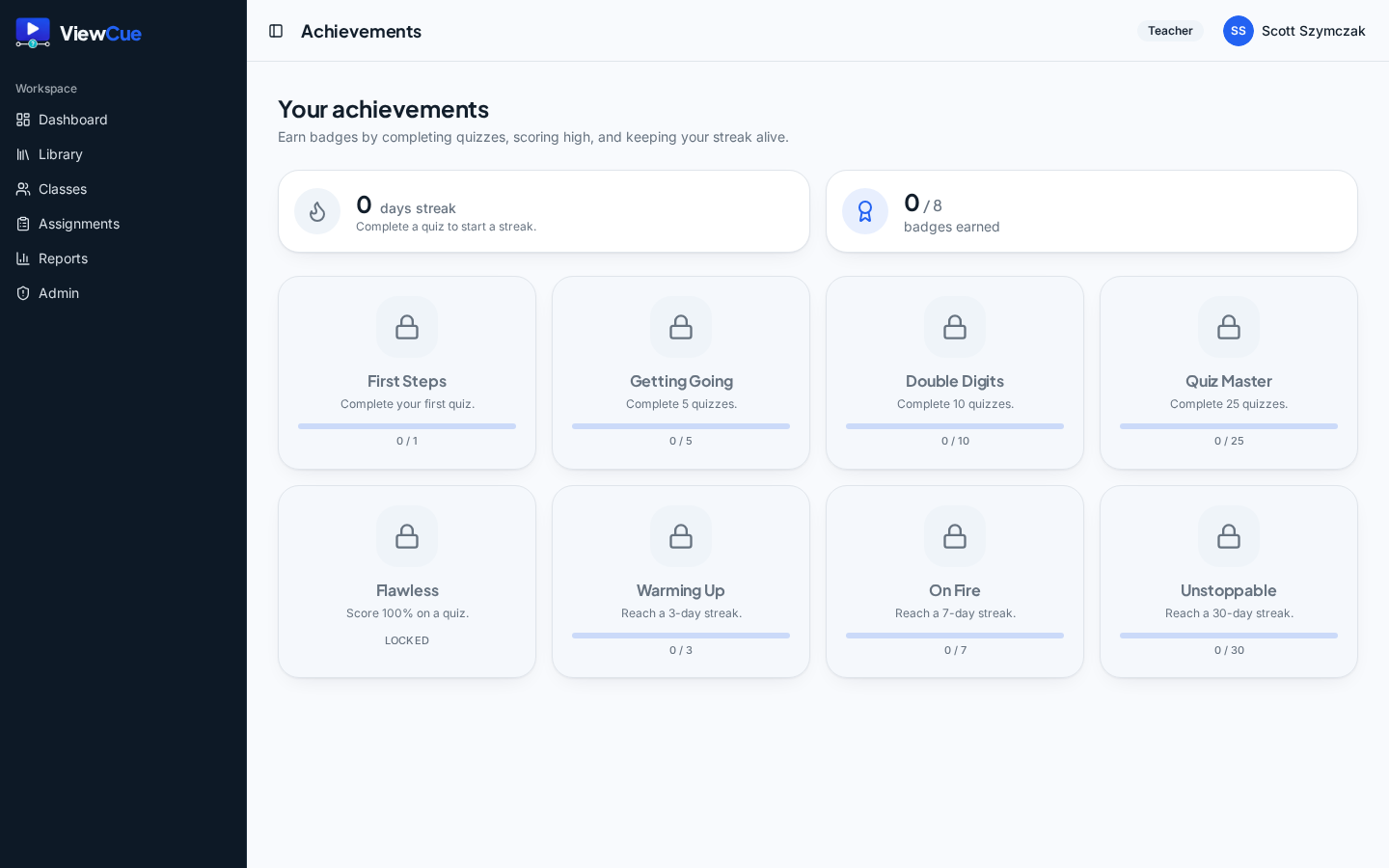 ViewCue achievements page showing earned badges and streaks